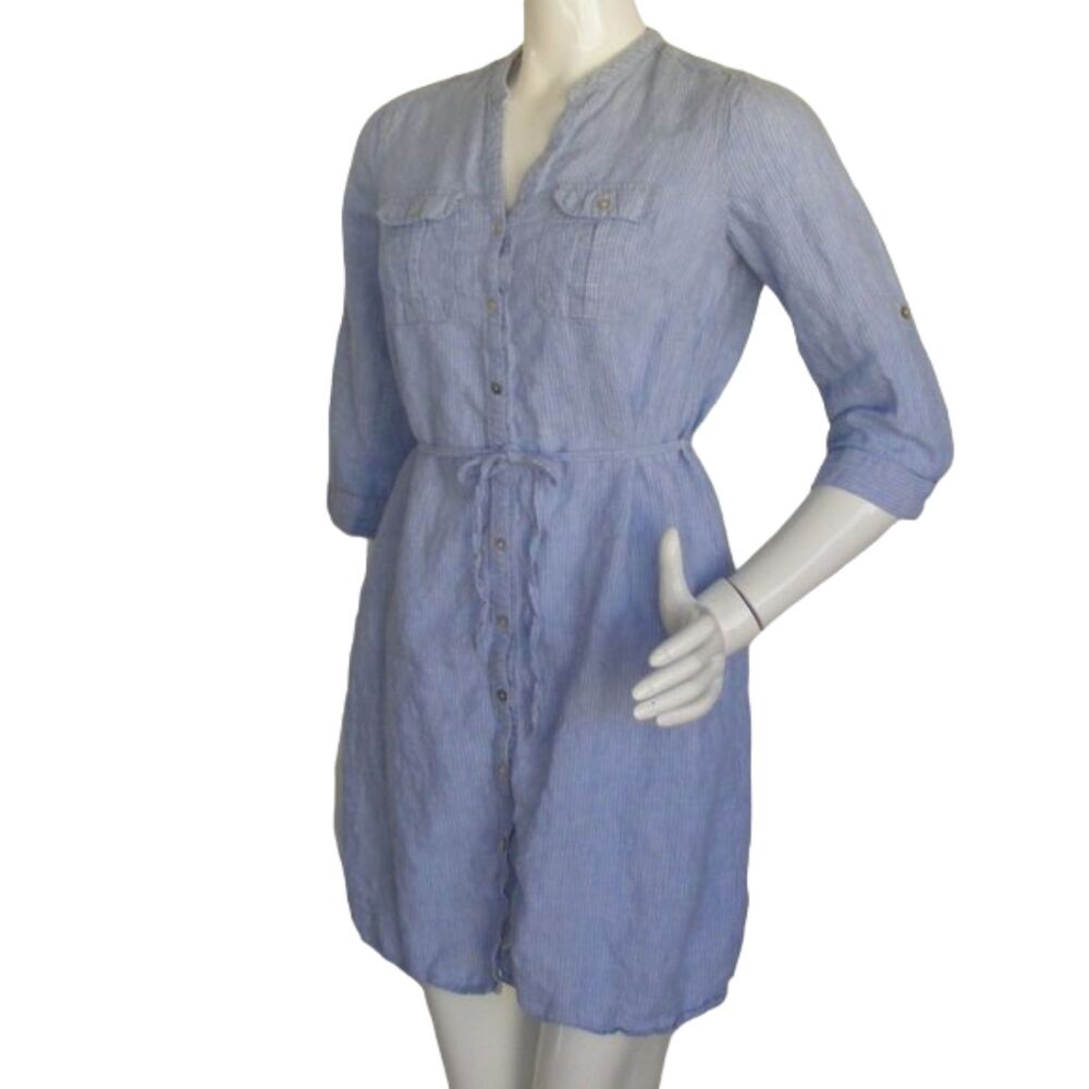 MALVIN Linen Dress, M, Blue, thin white stripe, Mini, Pockets, Sash belt - Picture 5 of 14
